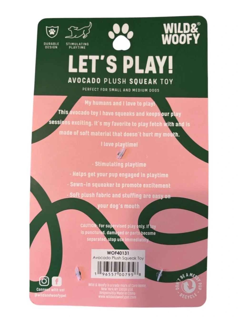 Wild & Woofy LETS PLAY! Avacado Plush Squeak Toy Small & Medium Dogs Durable NWT